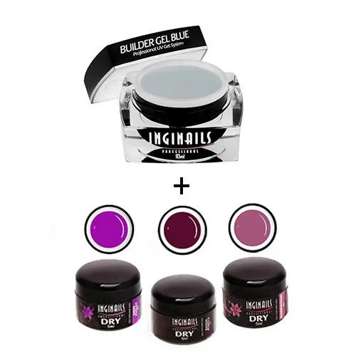 KOMPLET Inginails Professional Vivid Violet - Builder Gel Blue 10ml + 3 suhi barvni geli